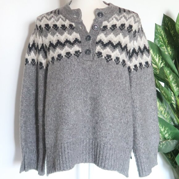Zara Gray Fair Isle Henley Alpaca Knit Blend Long Sleeve Sweater Women’s Size S - Picture 1 of 16